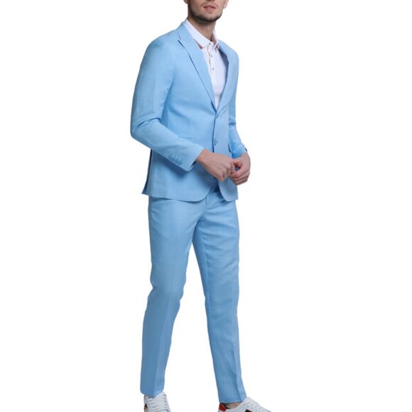 Baby Blue Linen 2 Piece Peak Lapel Skinny Fit Men's Suit - Picture 1 of 1